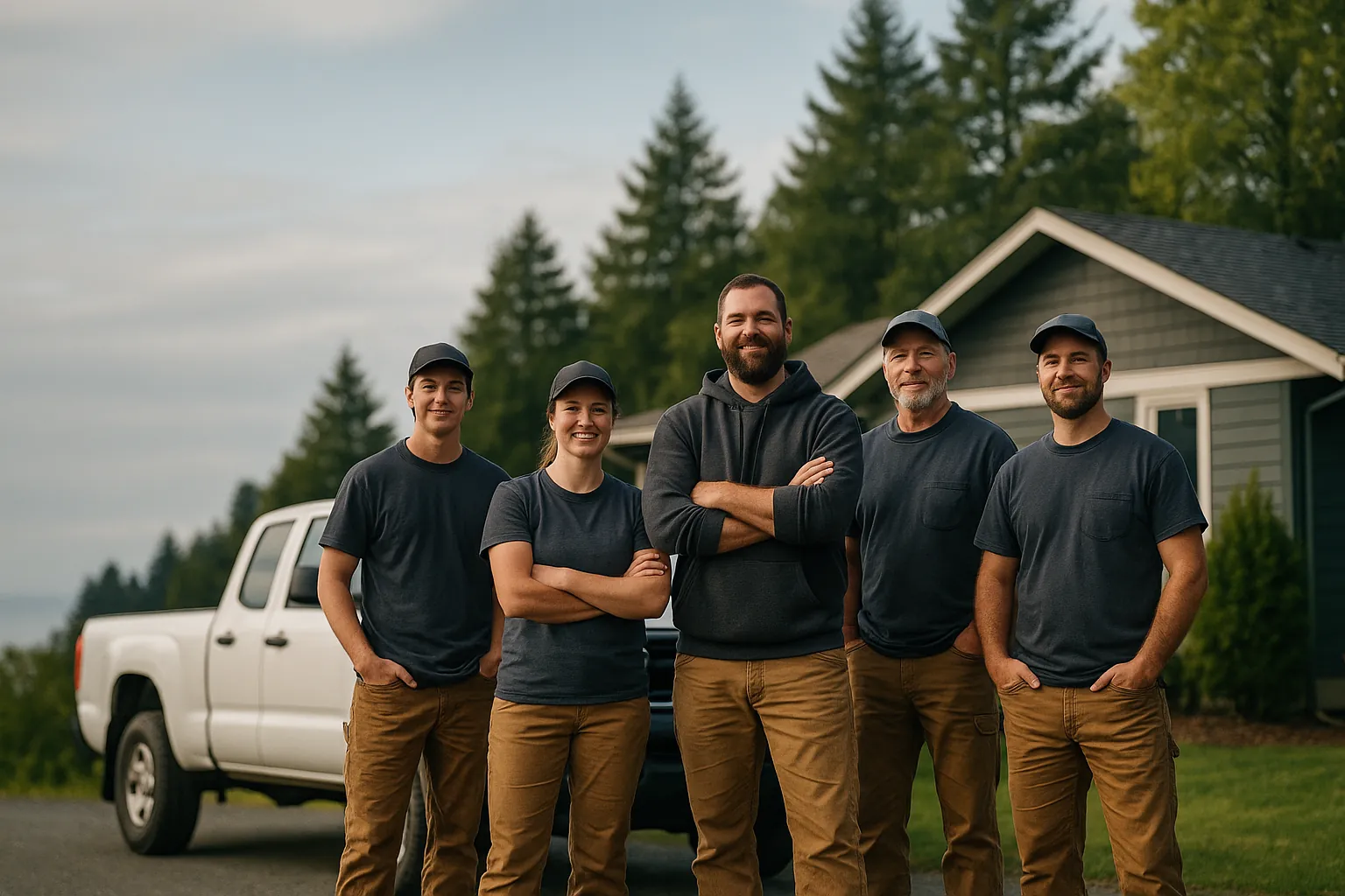 The Island Preservation Group crew standing together near a home and work truck