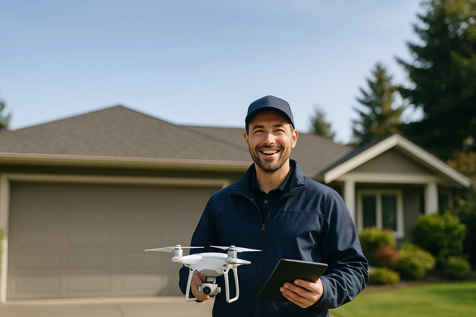 A property-care professional arriving at a home for a free roof assessment