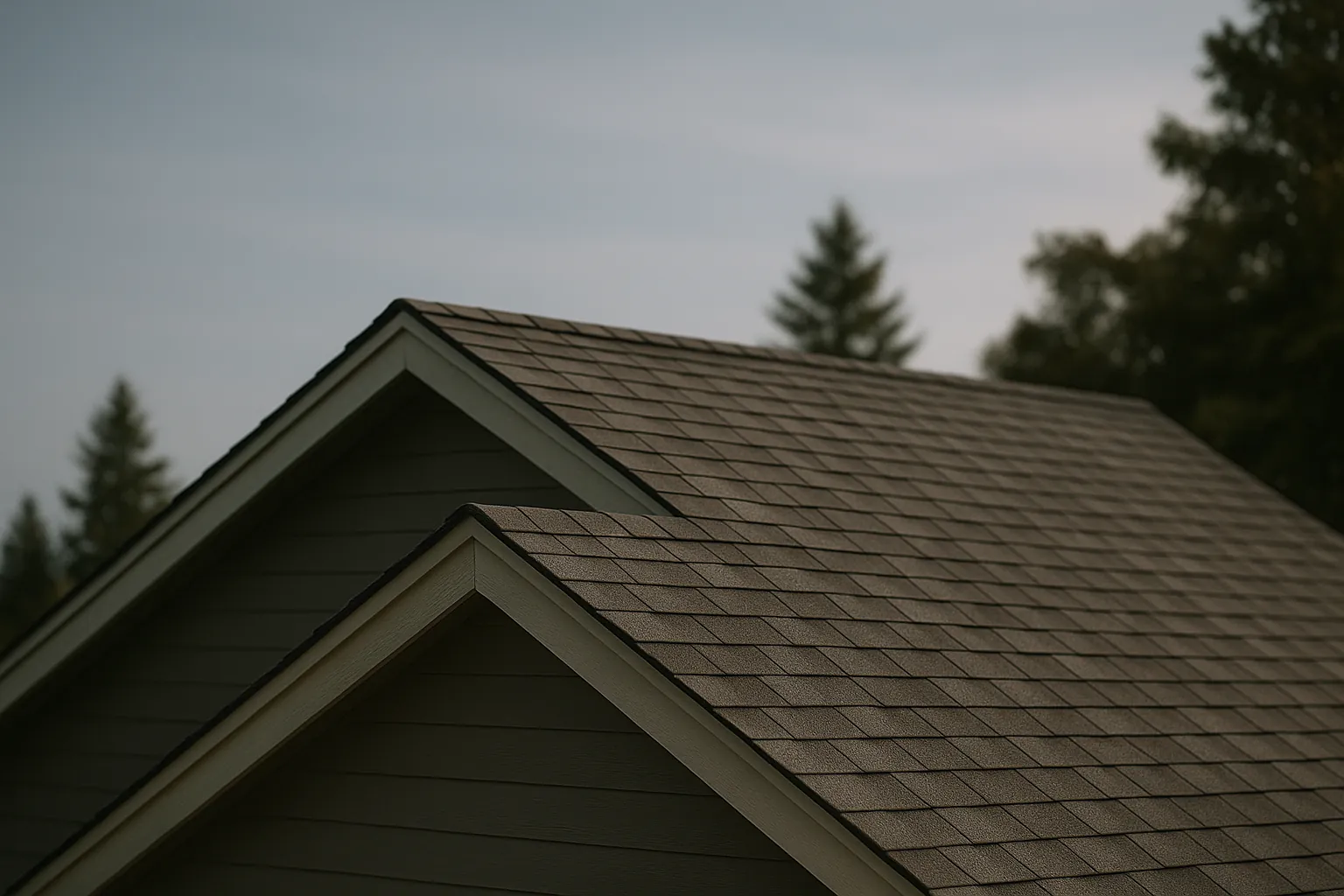 A pitched residential roof viewed at an angle in soft daylight
