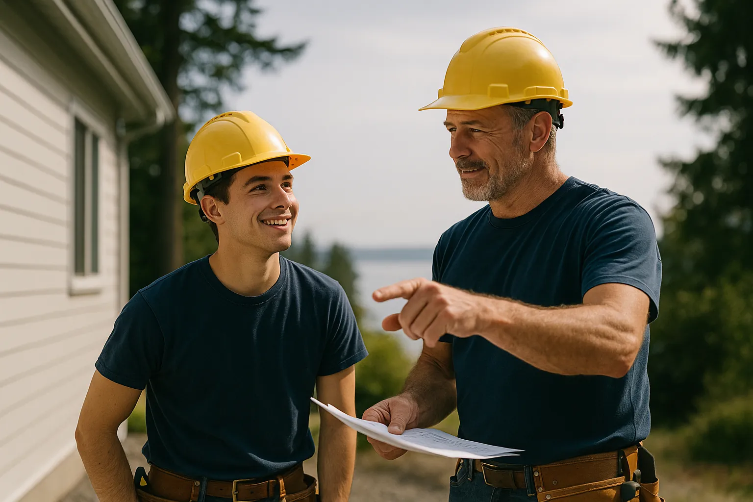 A field technician learning from an experienced crew leader on a residential job site