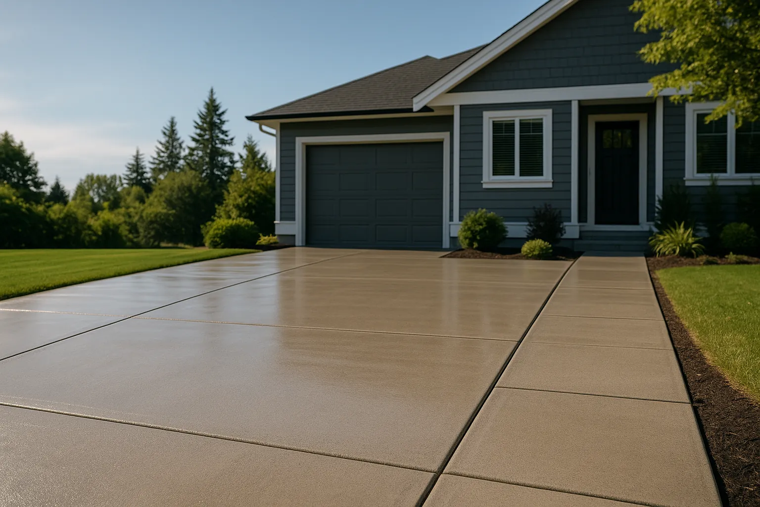 A freshly sealed concrete driveway and walkway beside a tidy West Coast home