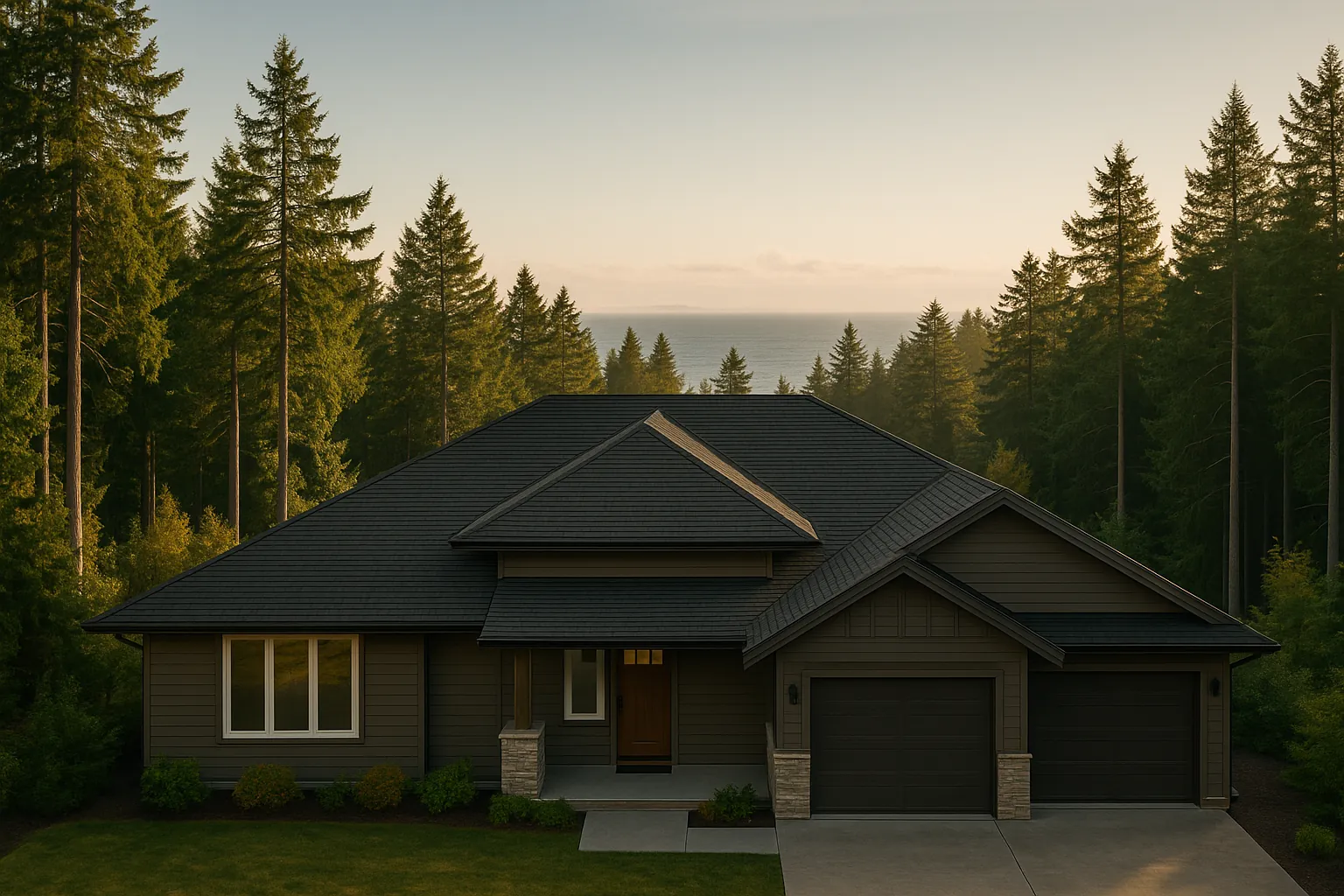Aerial view of a well-maintained West Coast home with a preserved roof among evergreens near the ocean