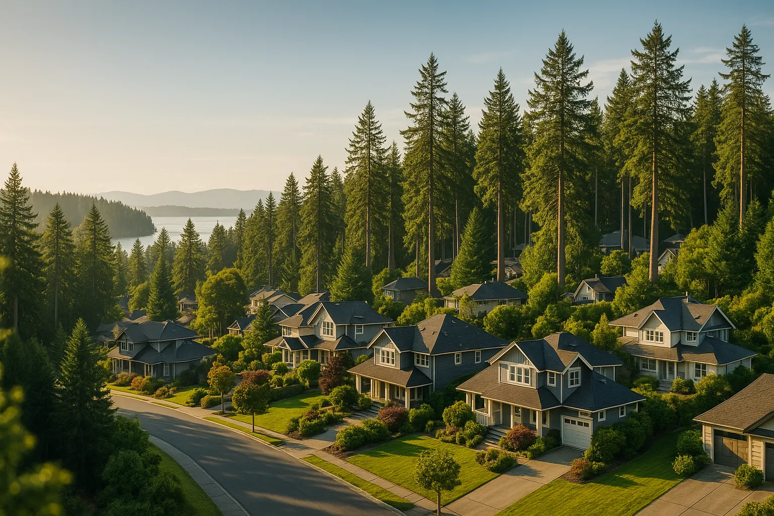 Aerial view of a Vancouver Island neighborhood of well-preserved homes among evergreens