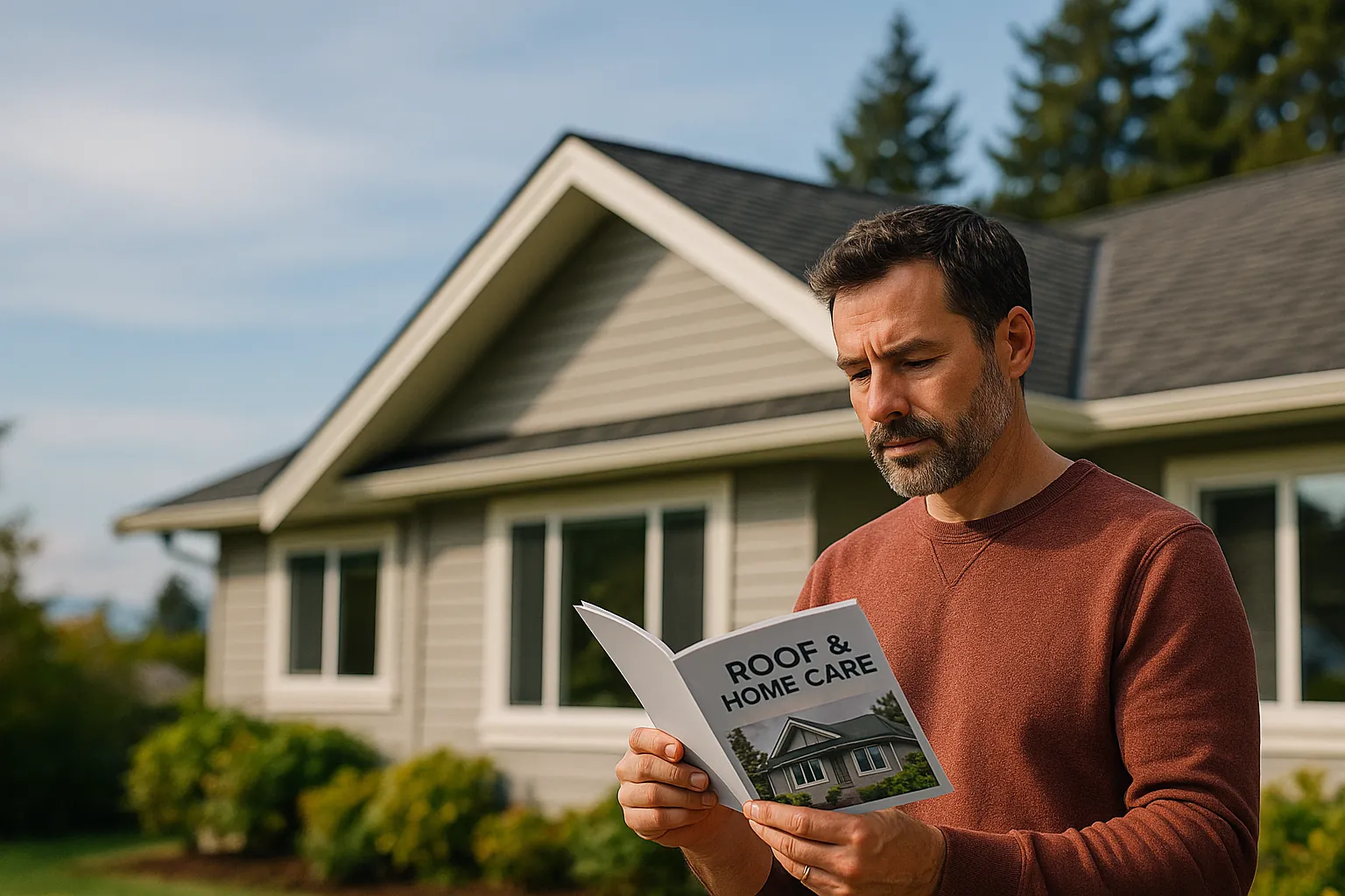 A homeowner reading about roof and home care beside a West Coast home