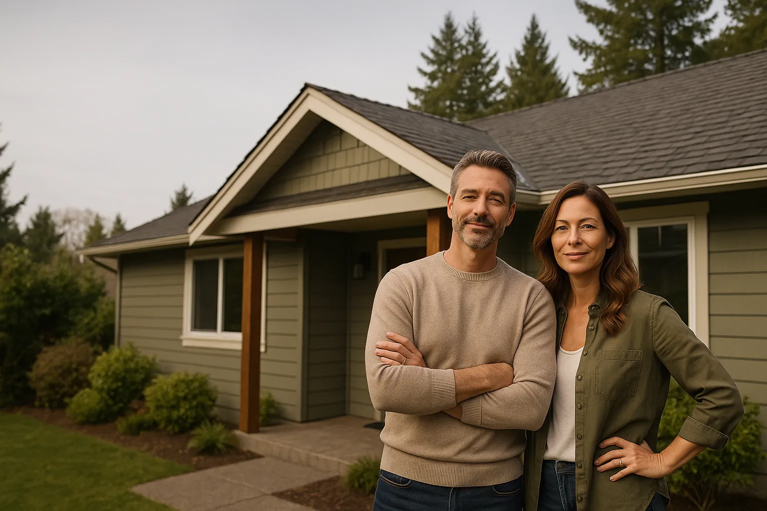 A confident homeowner couple in front of their well-kept home with a healthy roof