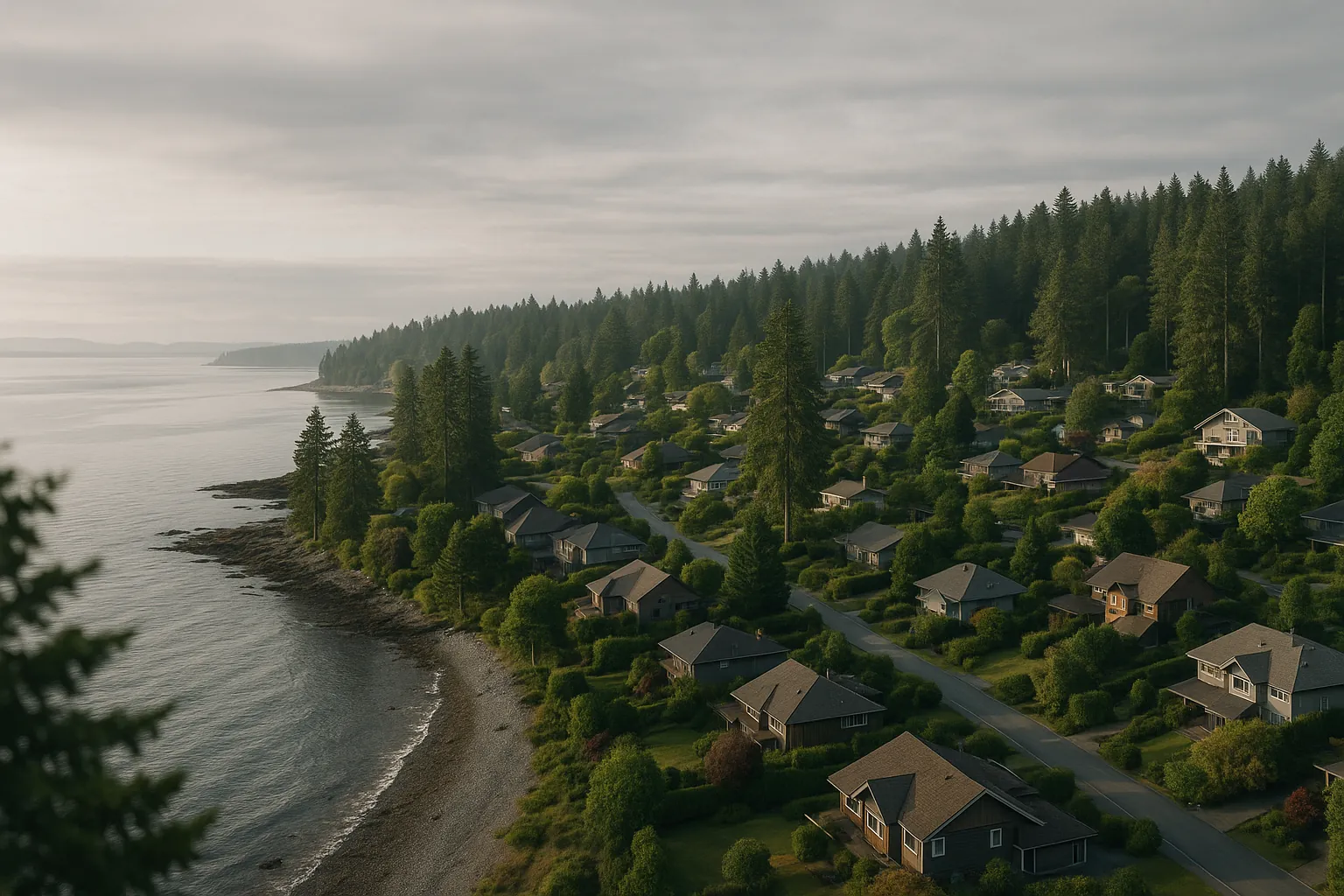 Aerial view of a Vancouver Island coastal community with residential rooftops among trees