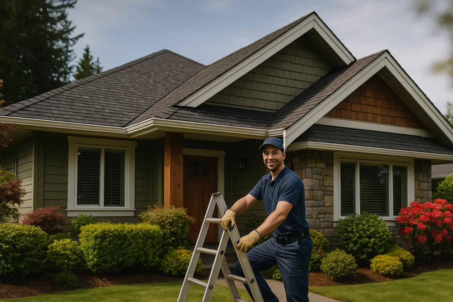 A professional maintaining the roof and exterior of a Vancouver Island home