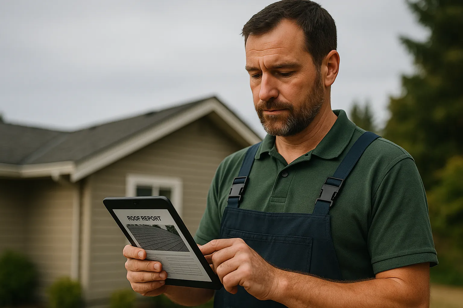 A property-care professional reviewing a roof condition report on a tablet