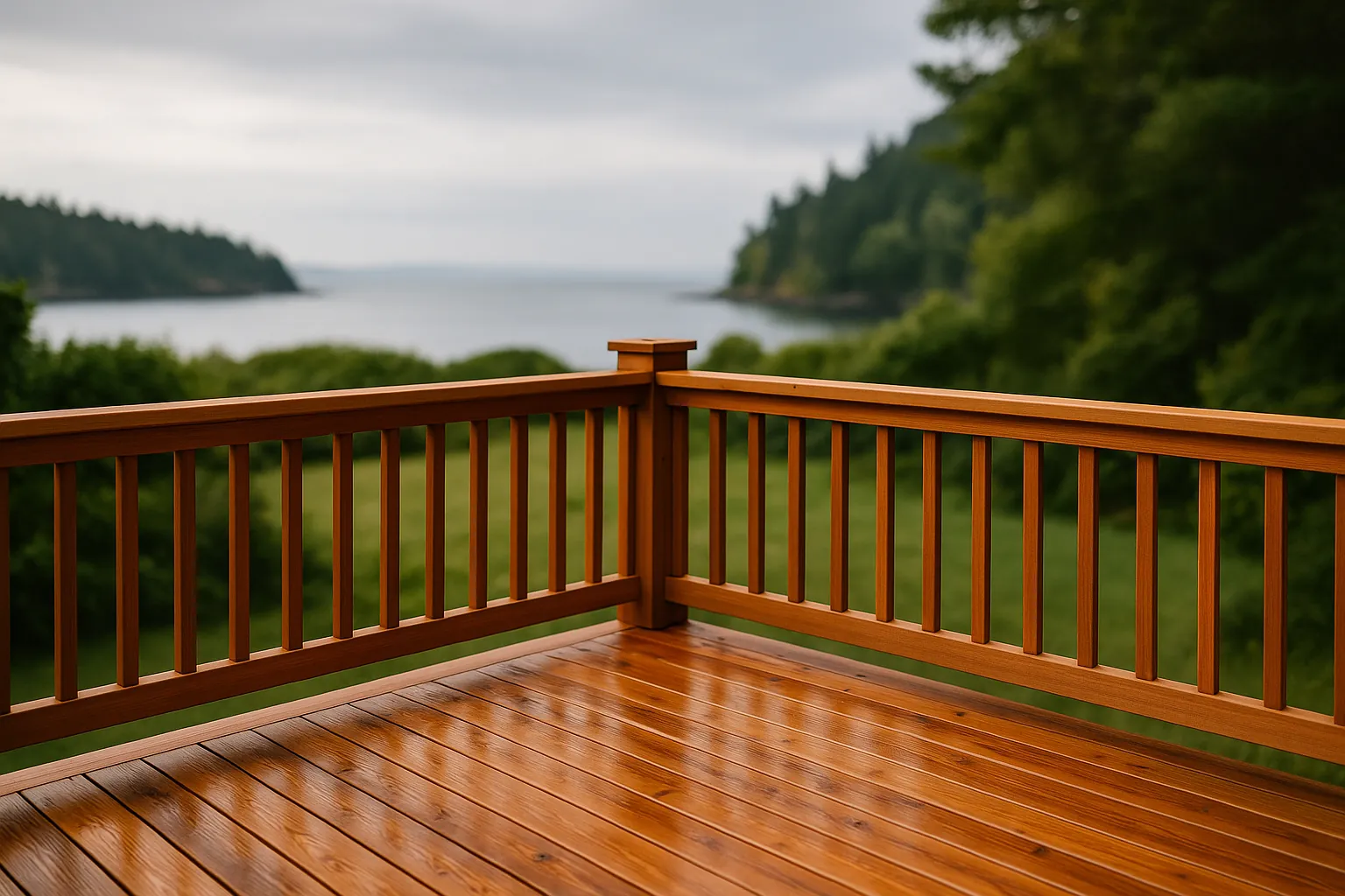 A restored and sealed wooden deck with rich stain overlooking a green Vancouver Island yard