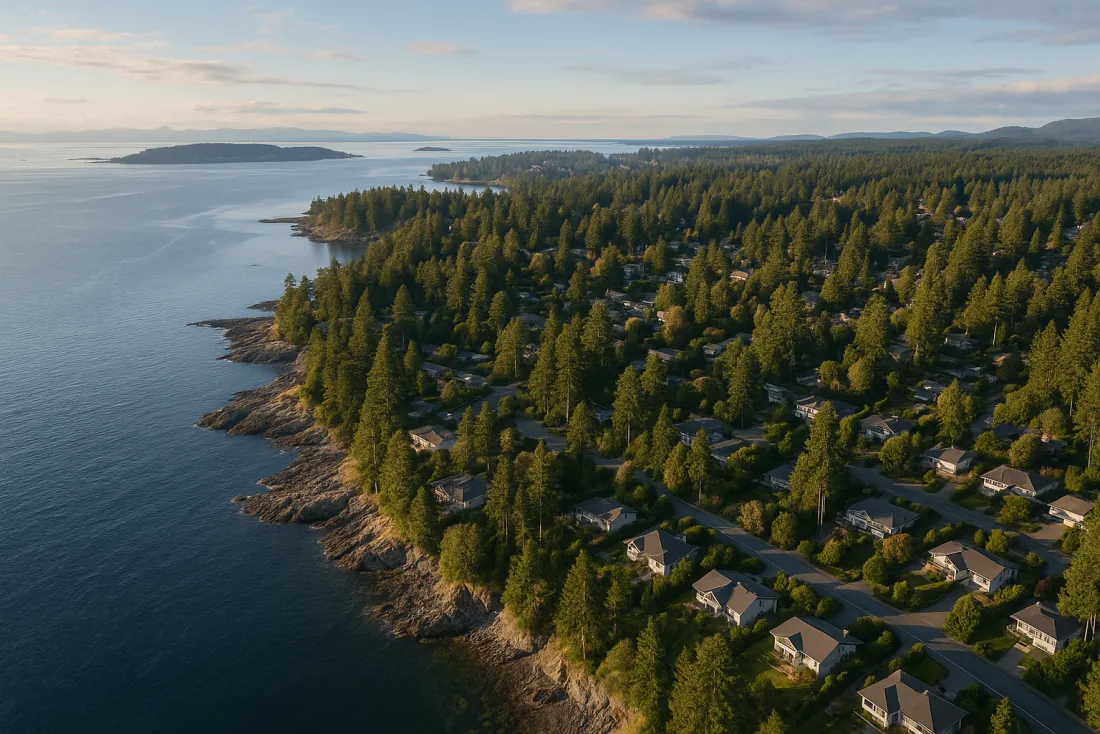Aerial view of the Vancouver Island coastline and forested residential areas